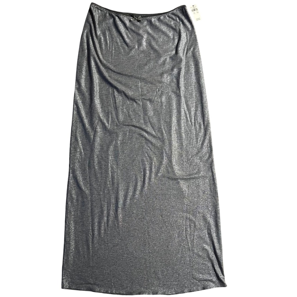 Aerie Silver Metallic Maxi Skirt Y2K Shimmer Lace Trim Bow Small NEW by